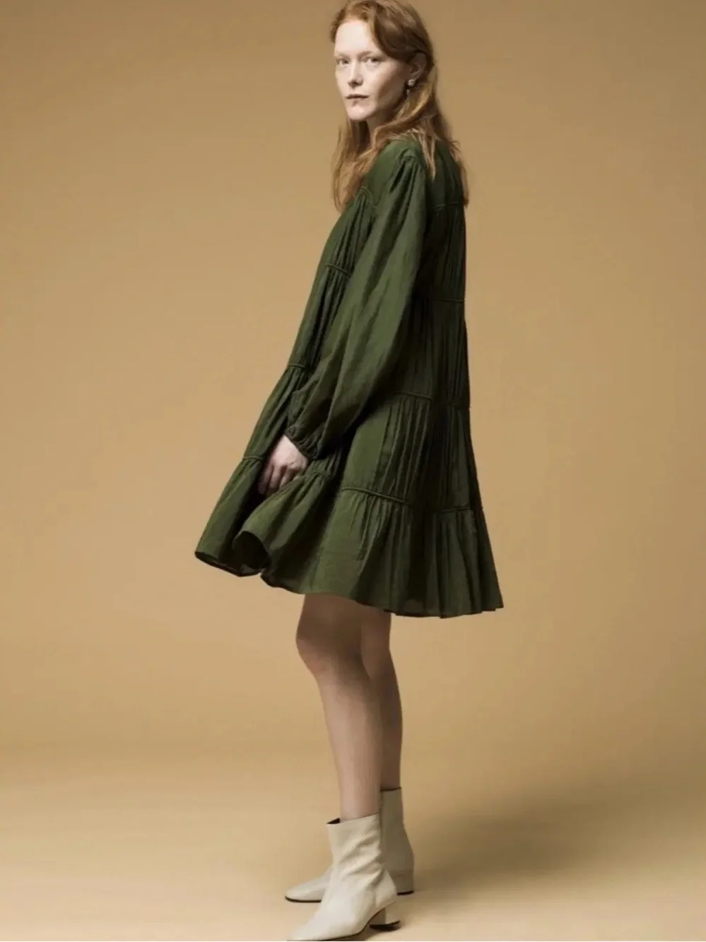 Merlette Olive Green Long-Sleeve Tiered Swing Dress - Picture 3 of 6